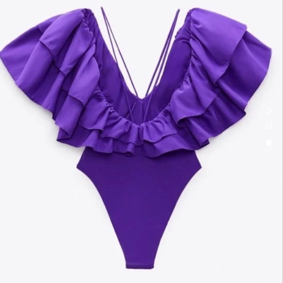 ZARA Swimwear purple deep-v ruffle strappy high cut one piece bathing suit small - Picture 16 of 16